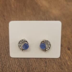 Silver Moon Crystal Stud Earrings with Blue Cabochon